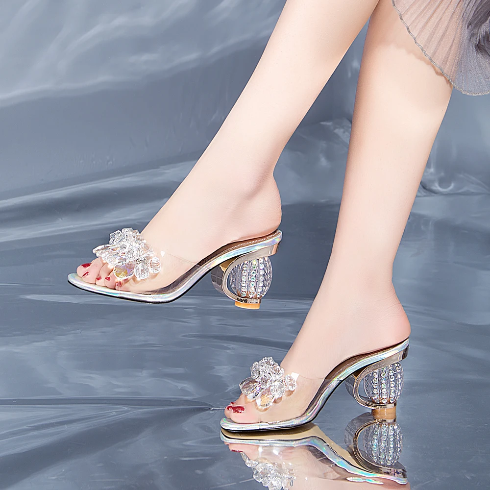 Женские шлепанцы со стразами и открытым носком на высоком каблуке размеры 34-39 |