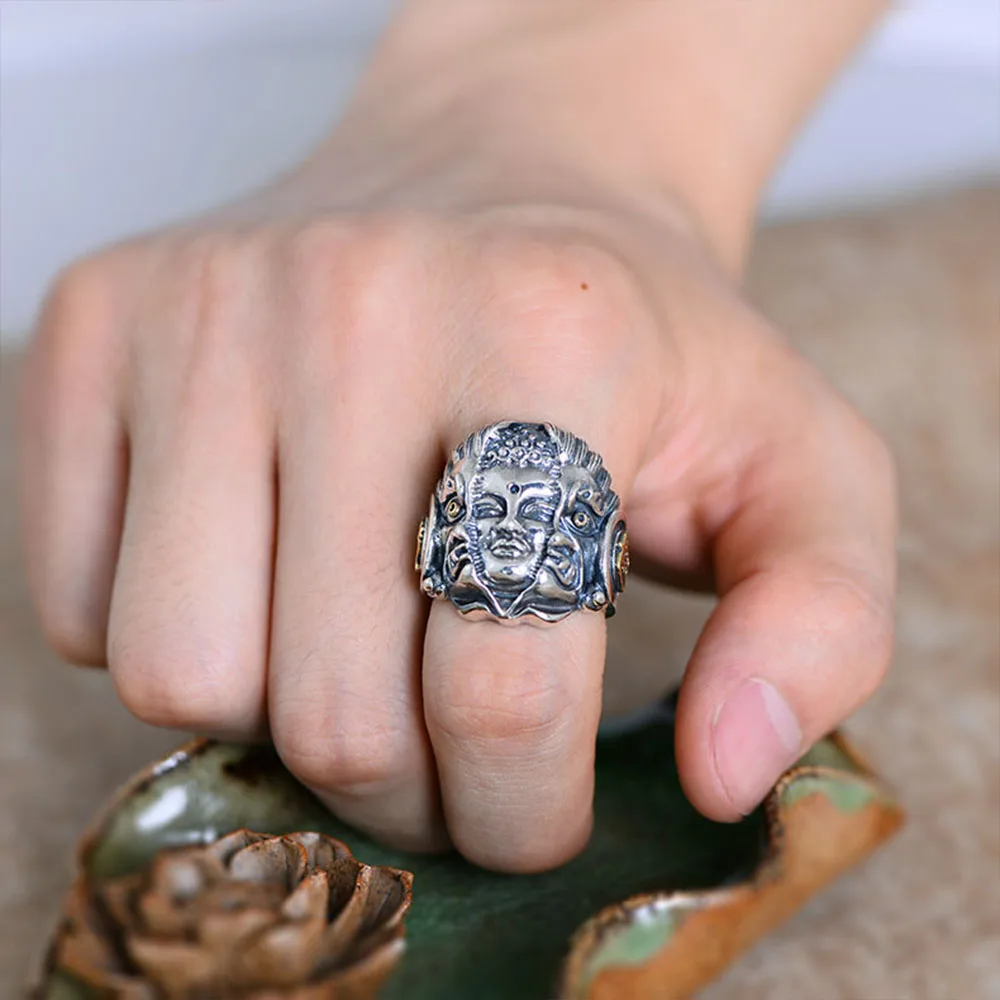 

MetJakt Buddha and Devil Rings Solid Real 925 Sterling Silver for Men Vintage Punk Rock Thai Silver Jewelry Index Finger Ring