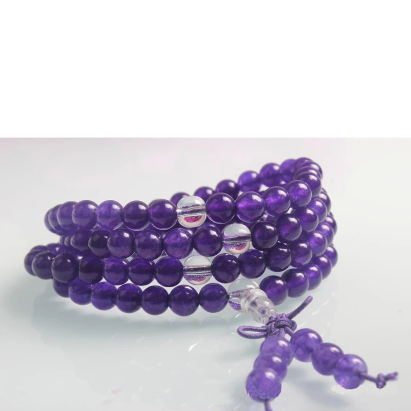 Браслеты из натурального фиолетового халцедона с белыми хрустальными бусинами