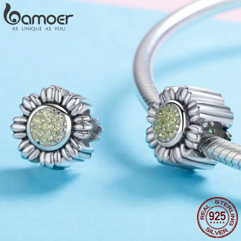 BAMOER, Новое поступление, 925 пробы, серебряный шарм, Подсолнух, цветок, ослепительные CZ бусины, подходят для женщин, браслеты, сделай сам, ювелирные изделия BSC018