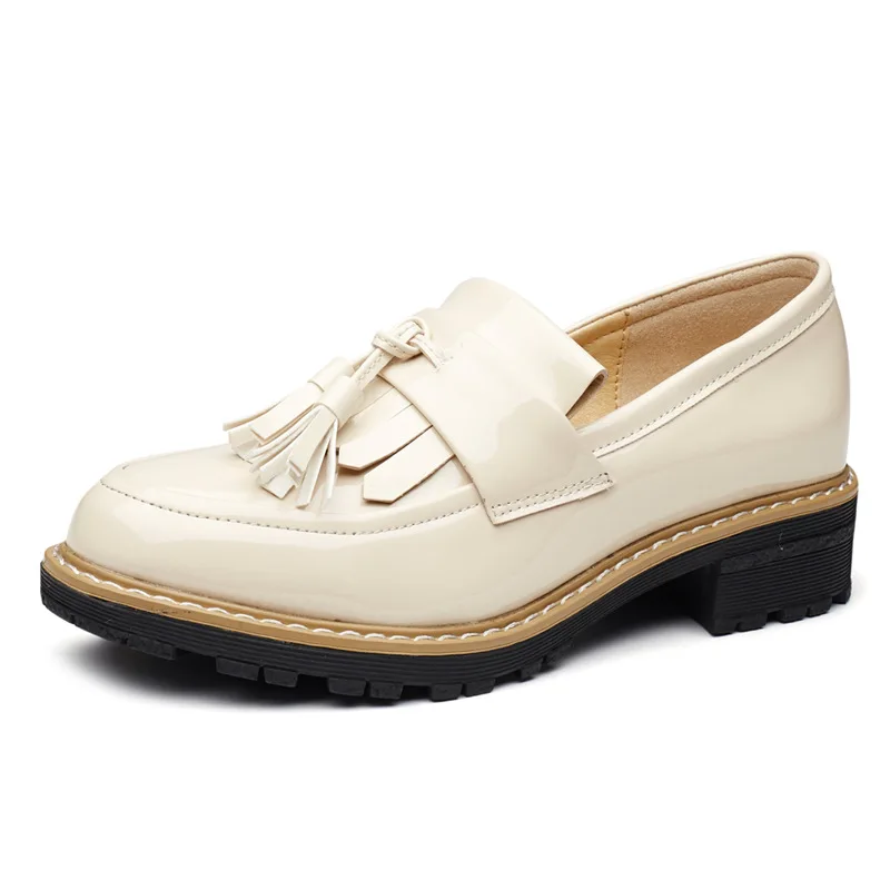 Beige Oxfords Teahoo Оксфордские туфли для Для женщин Ленточки без шнуровки женская обувь Лакированная кожа, женские оксфорды, лофтеры обувь - Цвет: Beige Oxfords