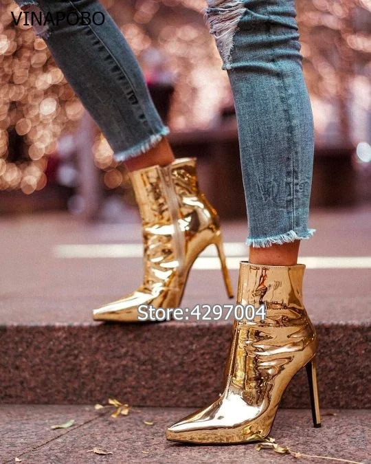 Модные женские зеркальные ботинки золотистые и серебристые кожаные полусапожки
