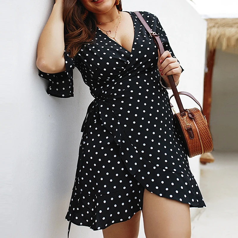 Плюс размер летнее платье женское повседневное с коротким рукавом v образным