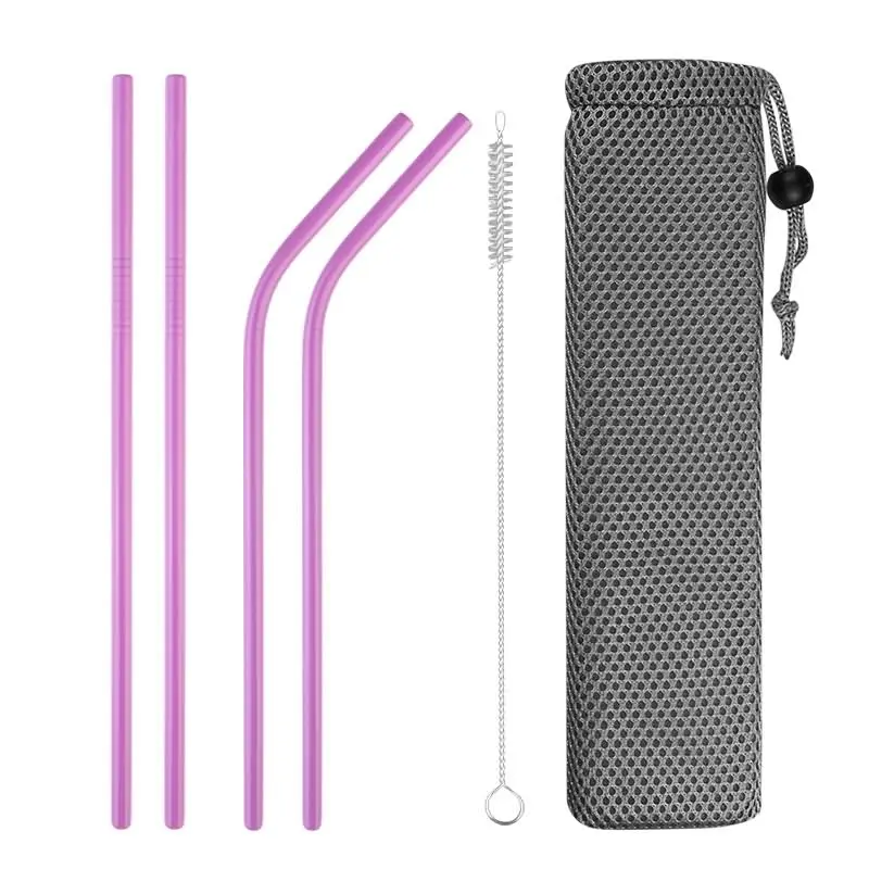 pink 1 set Многоразовые металлические трубочки для питья 304 нержавеющая сталь солома изогнутая прямая смузи солома с чистящей щеткой бар вечерние аксессуары - Цвет: pink 1 set