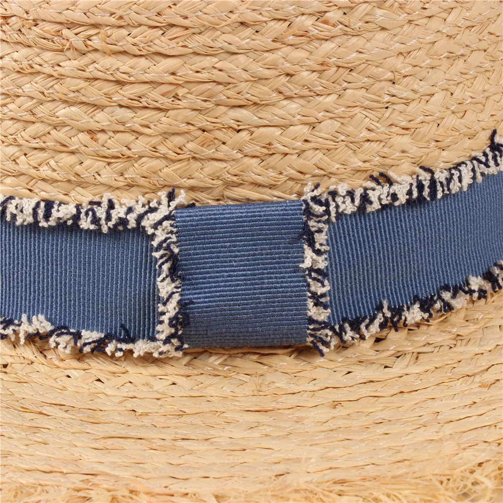 Женская пляжная шляпа из рафии элегантная Панама от солнца с кисточками плоским