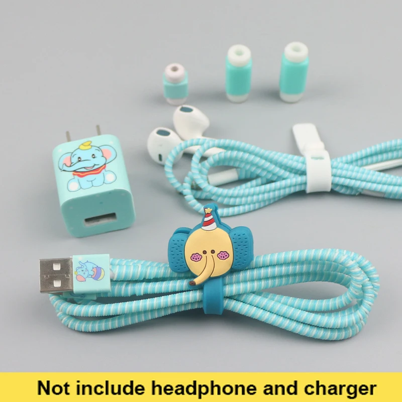 Мультфильм USB кабель наушники протектор набор с намоткой кабеля Наклейки для зарядного устройства Спиральный шнур протектор для iphone 5 6 6s 7 8
