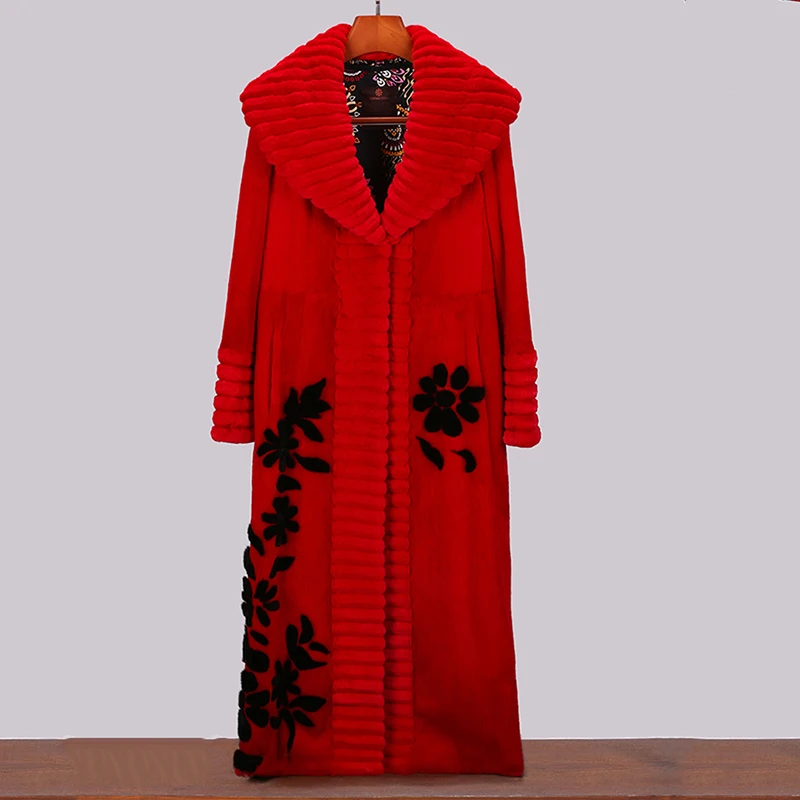 LVCHI Winter2017 Import Red Mink Fur Coat Women's Long Sleeve Coat Black Butterfly Neck Real Natural Fur Print X-Long Mink Coats