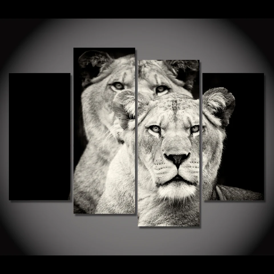 

HD Printed 4pcs Black and white lion Painting on canvas room decoration print poster picture canvas framed Free shipping/NY-5726