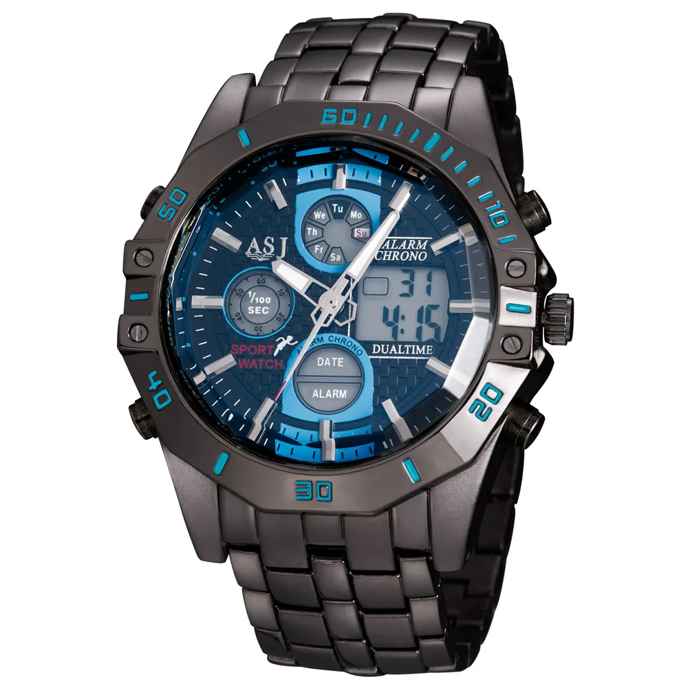 Мода 2016 года asj 50 м Водонепроницаемый Для мужчин Спорт LED аналоговый цифровой
