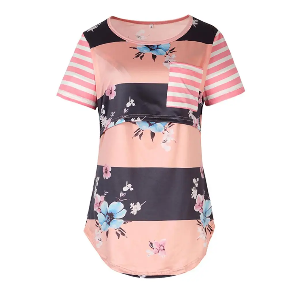maternity nursing clothes Women Pregnant Nursing Short Sleeve Stripe Print Patchwork Flower Tops T-shirt ropa maternidad A1 | Мать и