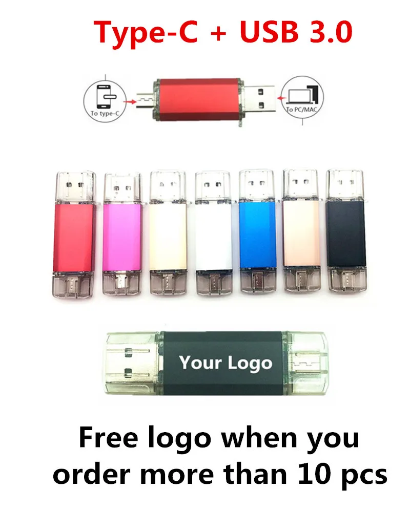 (Более 10 шт.) флэш накопитель USB OTG с бесплатным логотипом Usb 3 0 1Type C Micro 16 ГБ 32 64 для