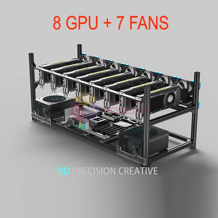 8 GPU включает 7 вентиляторов алюминиевая Штабелируемая рамка для майнинга ETH чехол
