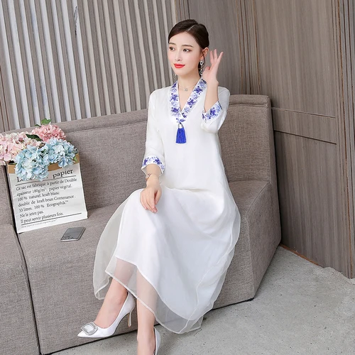 Женское платье в стиле ретро белое художественное большого размера китайском