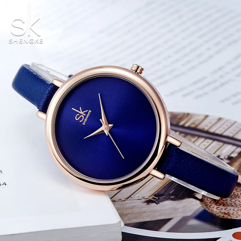 Часы наручные Shengke женские кварцевые модные брендовые роскошные с тонким кожаным