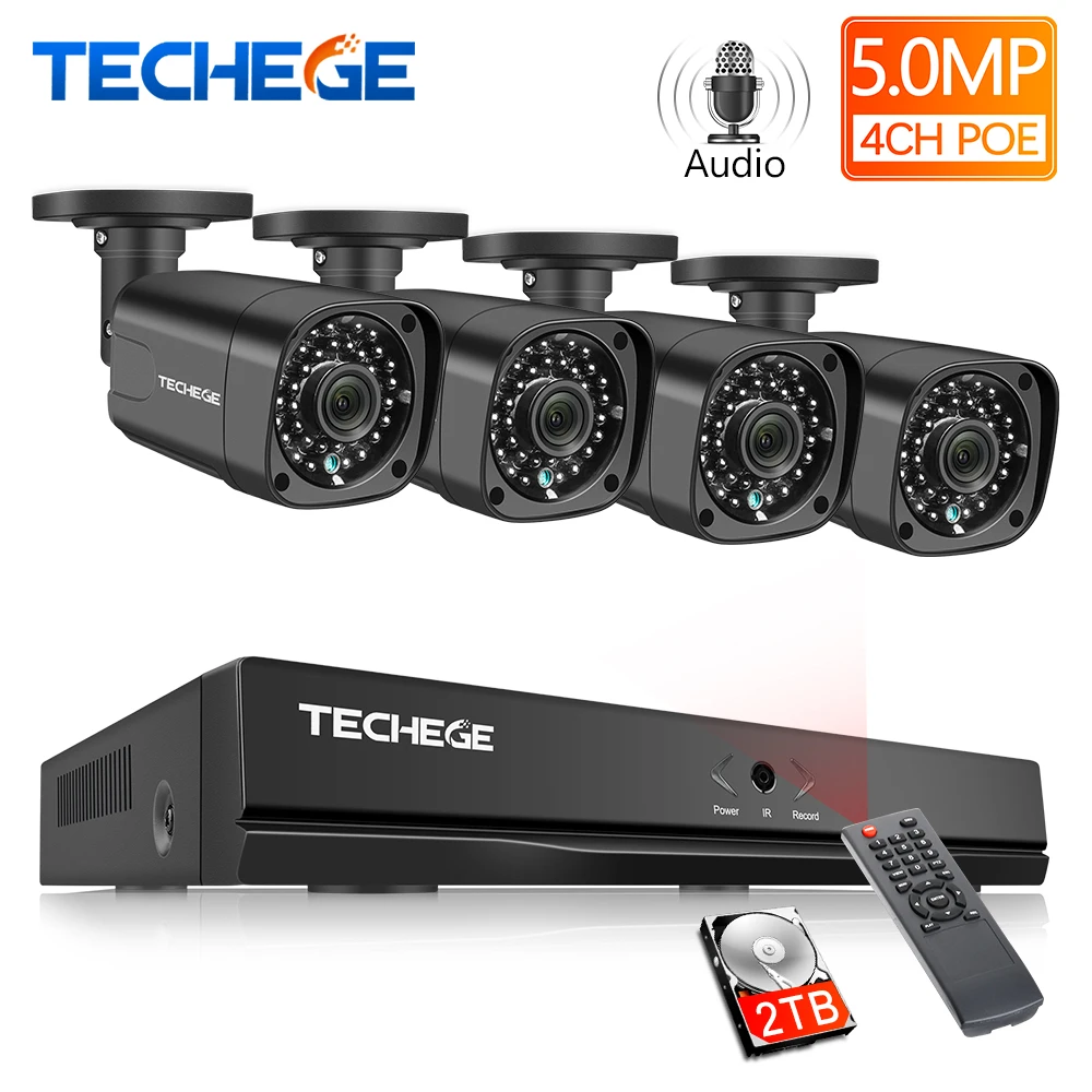 Techege H.265 CCTV система POE NVR комплект 4CH 5MP аудио запись открытый водонепроницаемый IP