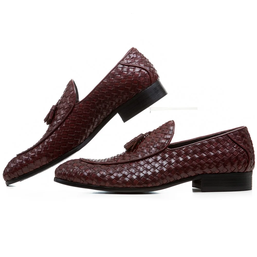 Breathable Brown Tan / Black Woven Design Loafers Summer Mens Wedding Groom Shoes Genuine Leather Male Dress With Tassel | Обувь