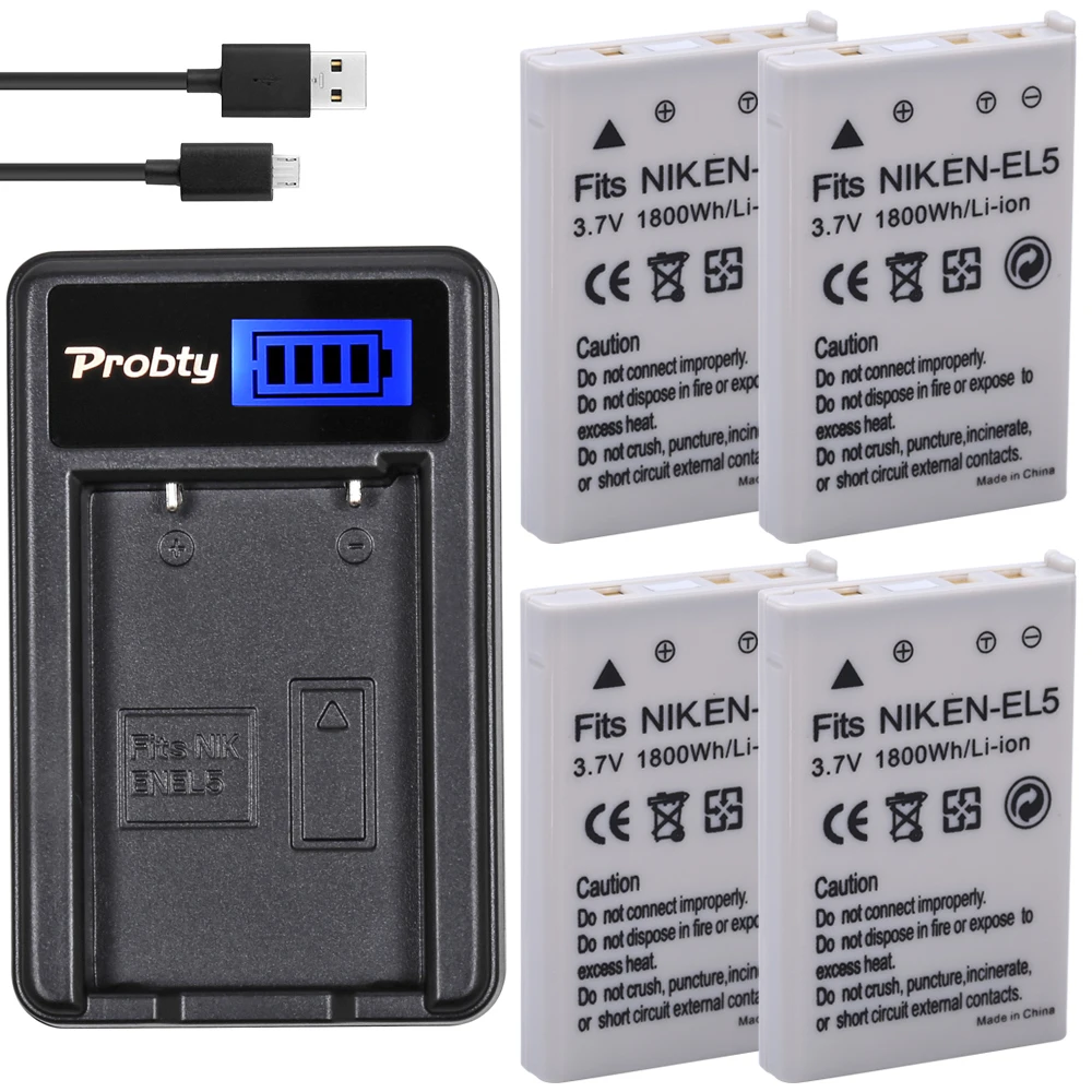 Probty 4Pcs EN-EL5 EN EL5 Battery + LCD USB Charger For Nikon CoolPix P530 P520 P100 P500 P5100 P5000 P6000 P90 P80 P3 P4 camera