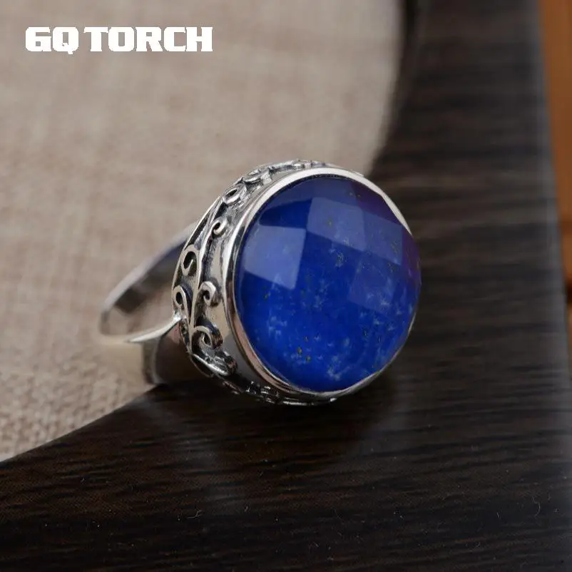 GQTORCH Настоящее чистое 925 пробы серебряные кольца для женщин круглой формы натуральный Лазурит Камень инкрустированные Винтаж цветок выгравированы