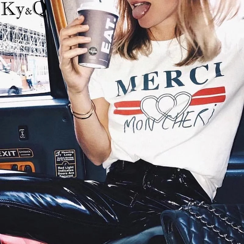 Harajuku летняя белая футболка женская 2020 Merci с принтом сердца Женская в Корейском