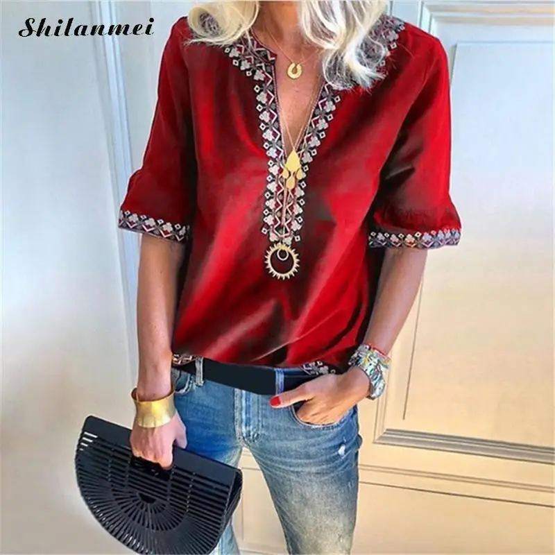 Ethnic Print Women Blouse 2019 New Summer Boho Plus Size V Neck Half Sleeve Shirt Causal Indie-Folk Blusas Feminina | Женская одежда
