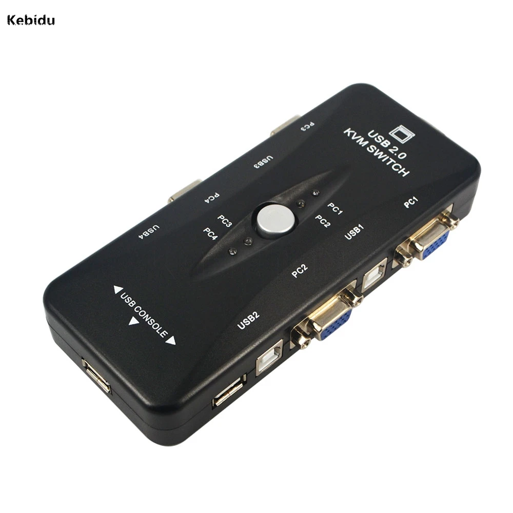 Kebidu Портативный USB KVM 4 порта Селектор VGA печать Авто переключатель монитор