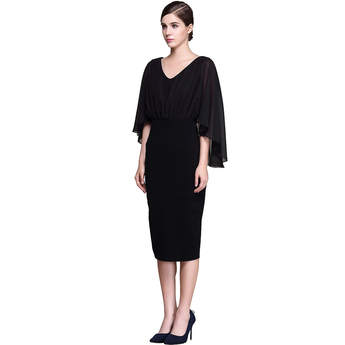 Black Dress Шифон Лоскутная Кабо Рукава Эластичный Bodycon Elegent Карандаш Платья