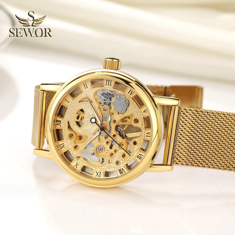 SEWOR мужские спортивные часы лучшие модные золотые сетчатые скелетоны полностью