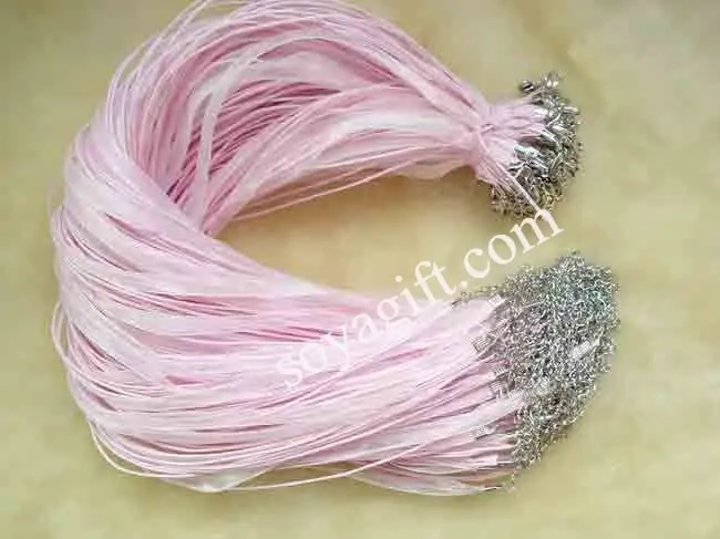 S034 pink Hotsale!!(1000pcs) Mixed 18inch Organza Ribbon with Cotton Cord Necklaces 3+1 wax cord ribbon necklacece | Украшения и