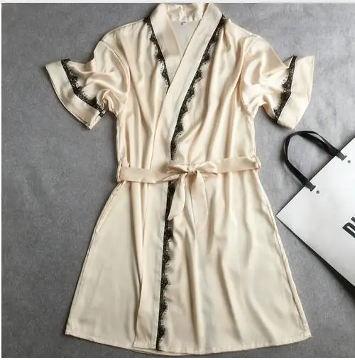 Женское атласное кружевное короткое платье однотонное кимоно банный халат