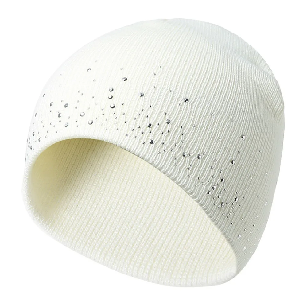 Womens Knitted Beanie Hat Rhinestones Winter Warmer Ski Slouchy Caps Solid Color | Аксессуары для одежды