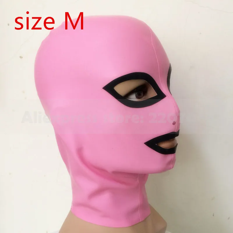 size M Унисекс Розовый и отделка черный латексный резиновый маска капюшон с задней молнией RLM011 - Цвет: size M
