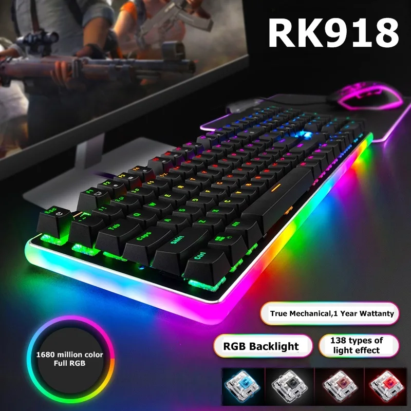 ROYAL KLUDGE RK918 USB Проводная RGB подсветка Механическая игровая клавиатура макро Программирование с различными эффектами подсветки