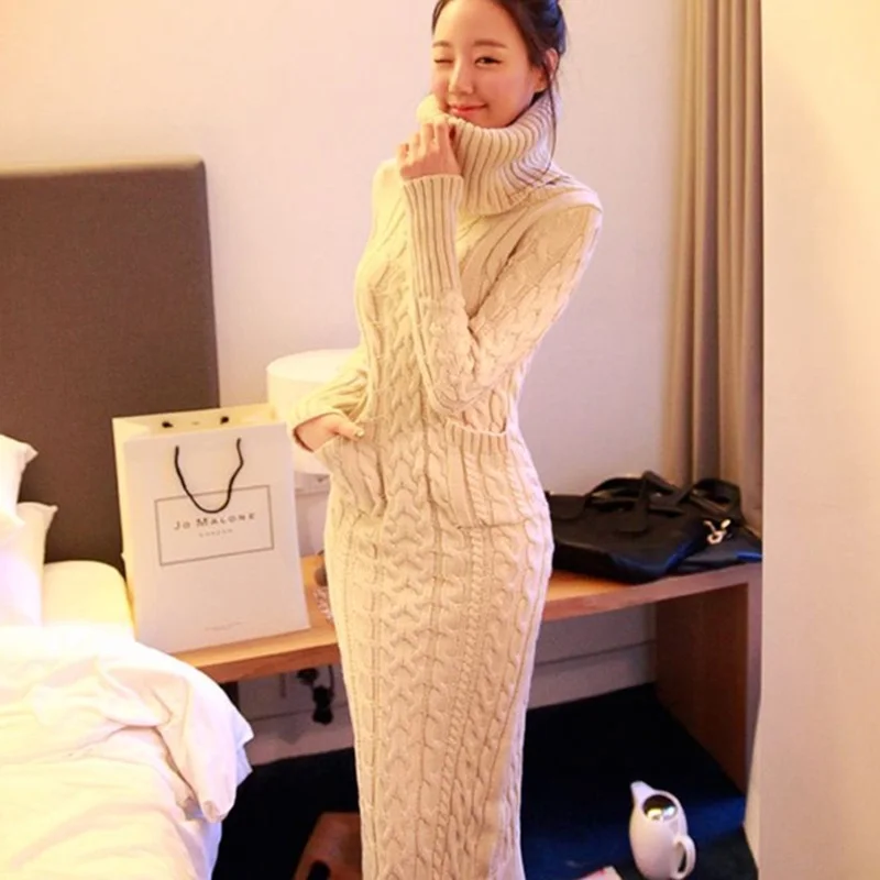 2019 Autumn Winter long Sweater dress women solid bodycon Thick Female Jumper O-neck slim basic knit Long sleeve | Женская одежда