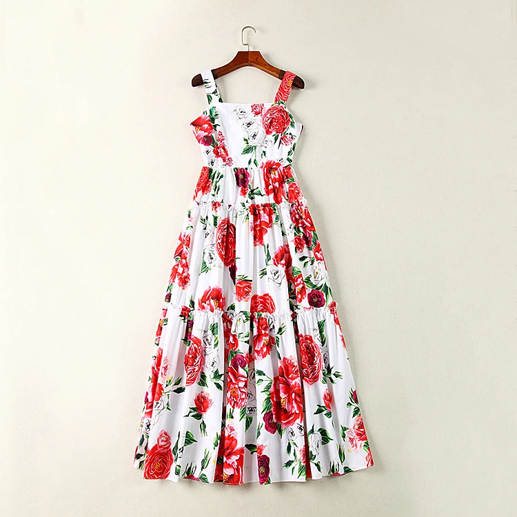 

XF 2018 Fashion Designer Runway Bohemian Summer Women'S Harness Strapless Chest Wrapped Slim Rose Printed Cake Long Dress