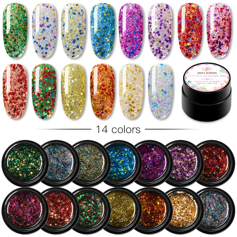 

MEET ACROSS 5ml Holographic Glitter Nail Gel Polish Shiny Laser Sequins Soak Off UV Gel Polish Nail Art Lacquer