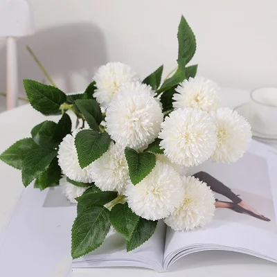 5pcs White 5 шт./компл. 3 головы желтый Искусственные цветы гортензии букет с длинными стеблями шелк, принт в виде одуванчиков, осень домашние вечерние декор в форме искусственных цветов - Цвет: 5pcs White
