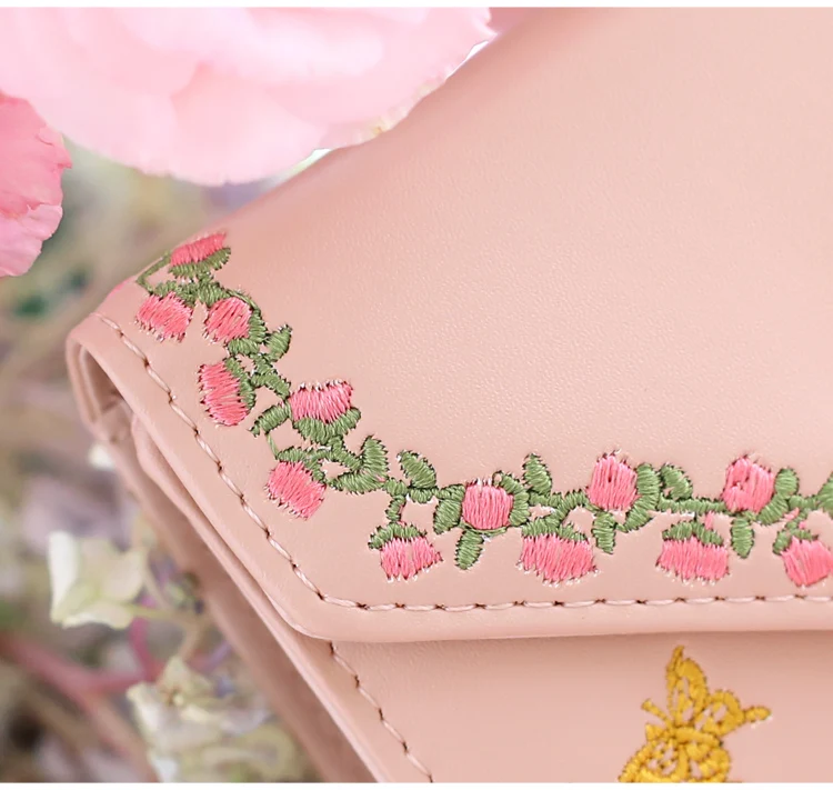 Модные женские кошельки из искусственной кожи, женские короткие кошельки с вышитыми цветами, милые кошельки с замком розового цвета