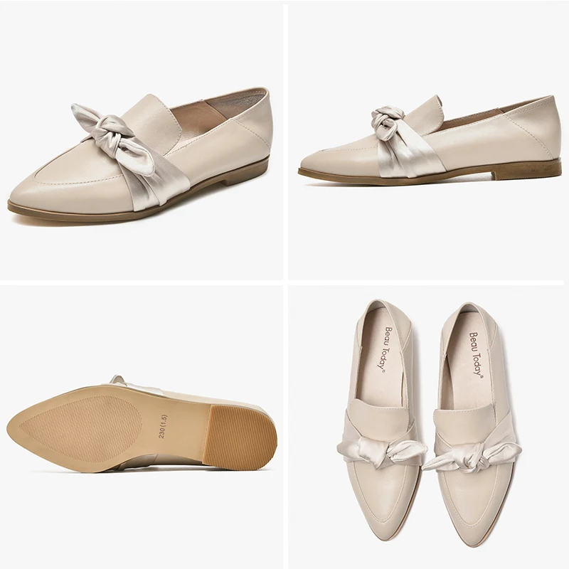 

BeauToday Loafers Women Genuine Cow Leather Butterfly-Knot Pointed Toe Slip-On Spring Lady Flat Shoes Handmade 27129