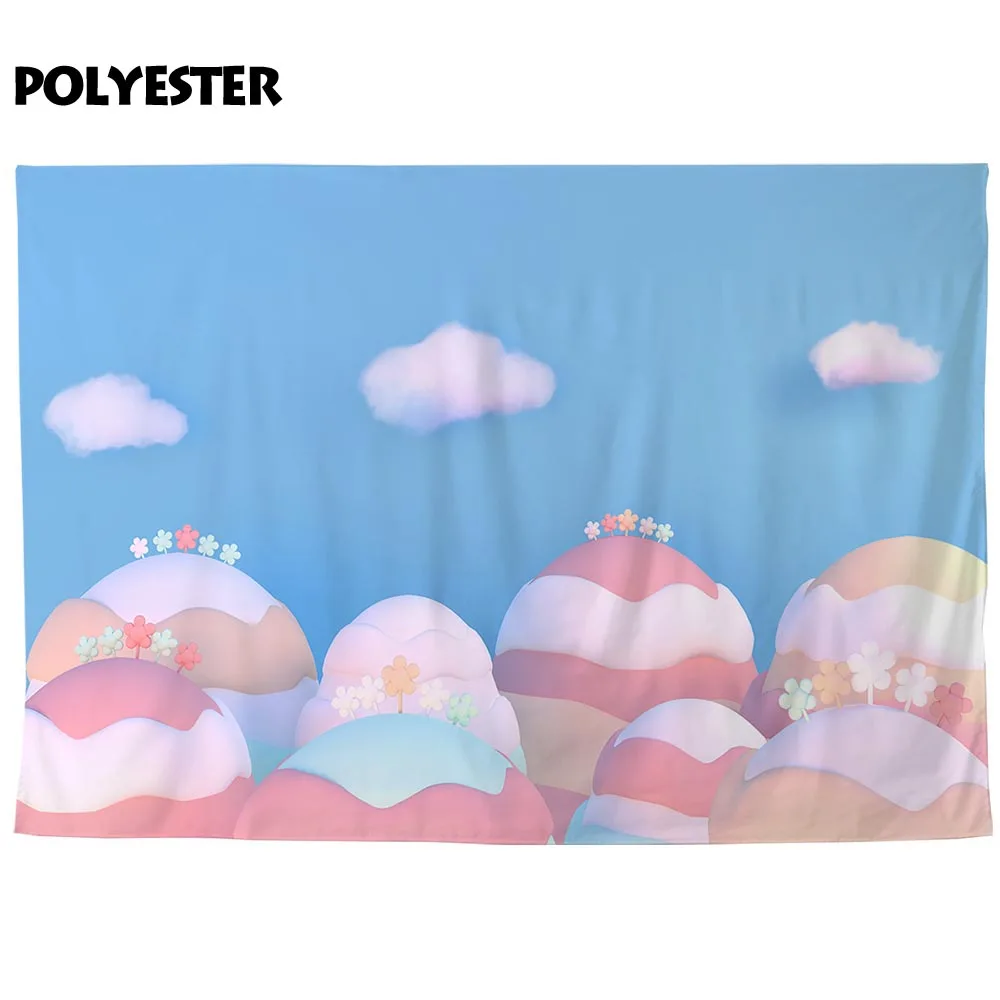 Allenjoy photography birthday backdrops Baby blue sky clouds colorful cute small flowers Dessert candy bar photocall wallpaper |