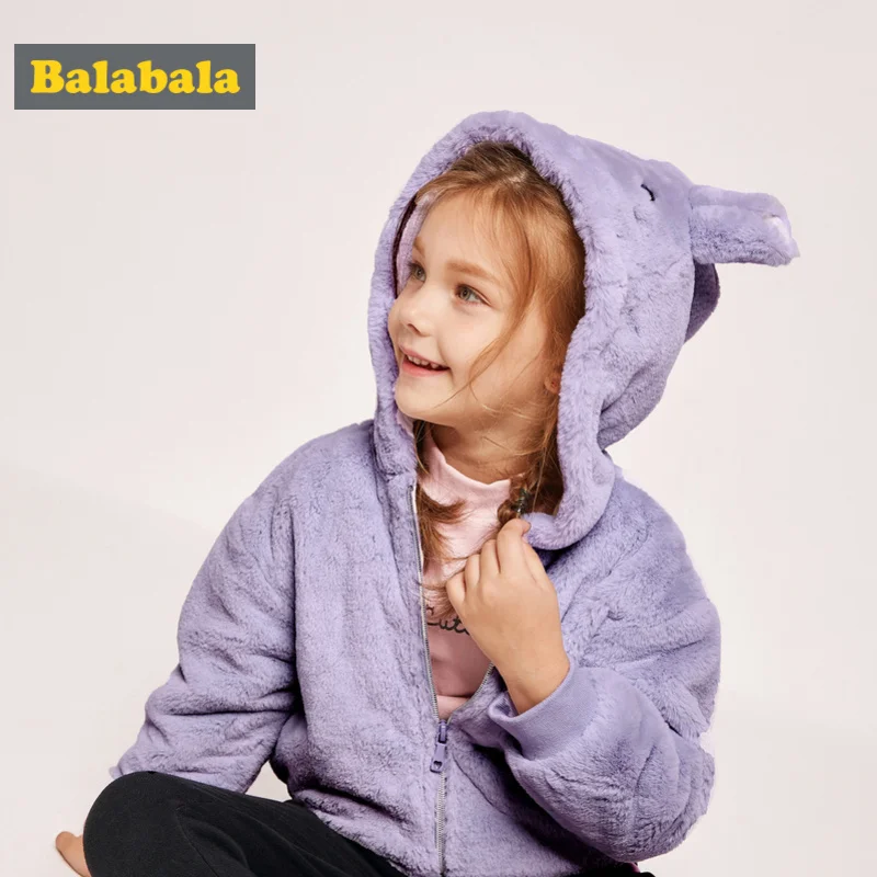 Balabala Toddler Girl Critter Rabbit Fur Hooded Jacket Silky Polyester with Ribbed Cuff and Hem Kids Zip Lined Hood | Детская одежда и
