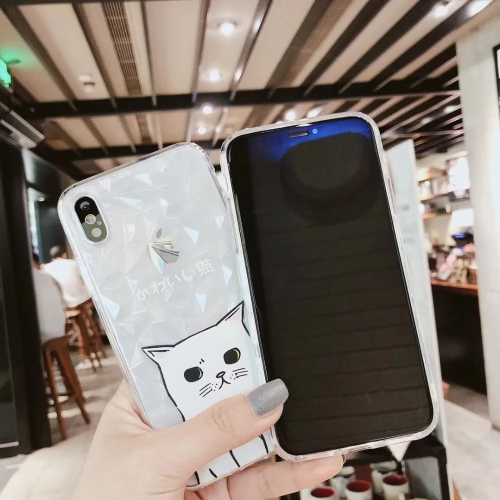ZMASI Geometric Diamond Clear Phone Case for iPhone X 6 6S 7 8 Plus Cute White Cat Rhombus Series Cover Coque |