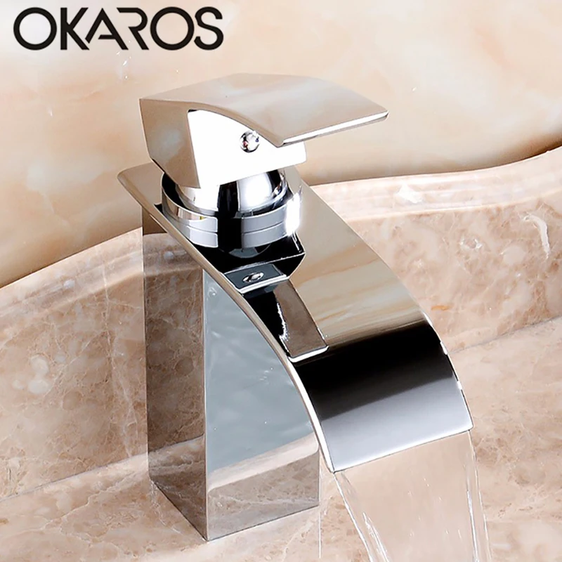 Смеситель для ванной OKAROS кран раковины водопад хромированная черная отделка
