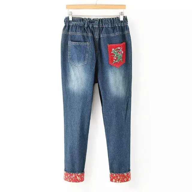 Эластичные Брюки шаровары в этническом стиле с вышивкой свободные джинсы