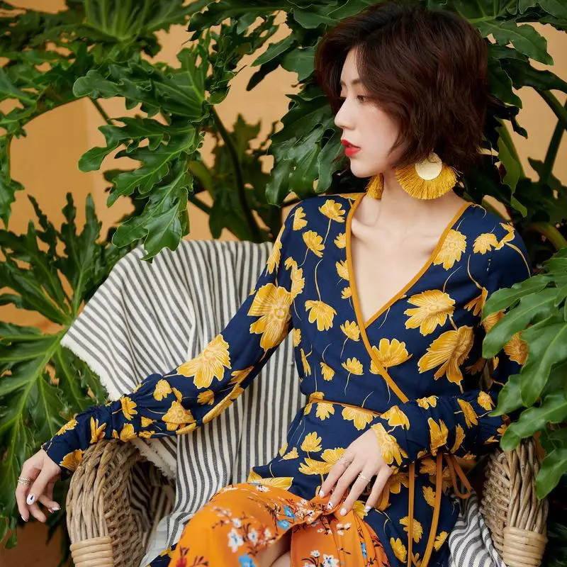Floral with Straps V Neck Bohemian Beach Dress Sexy Long Sleeve Maxi Women Dresses Ruffles Asymmetrical Vestidos Verano 2019 | Женская