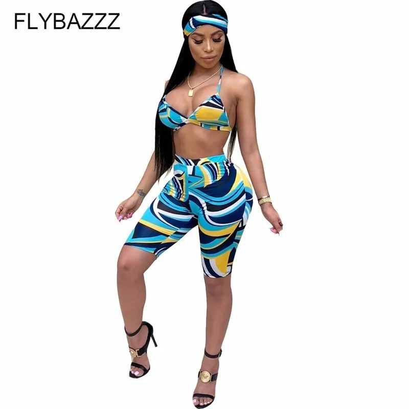Sexy Rainbow Print Women Yoga Sport Set Fashion Head Scarf+V Neck Sleeveless Strap Top+Bandage Short Summer 3 Piece | Спорт и
