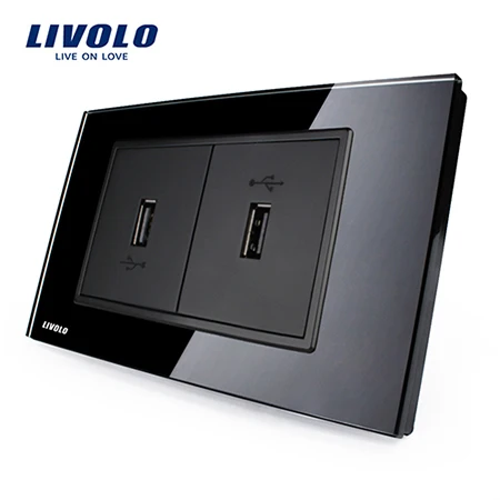 Black Livolo стандарт США USB розетка(2.1A, 5 В), Белый/Черный Кристалл Стекло, настенные точки питания без вилки, 2 банды USB, VL-C392USB-81/82 - Тип: Black