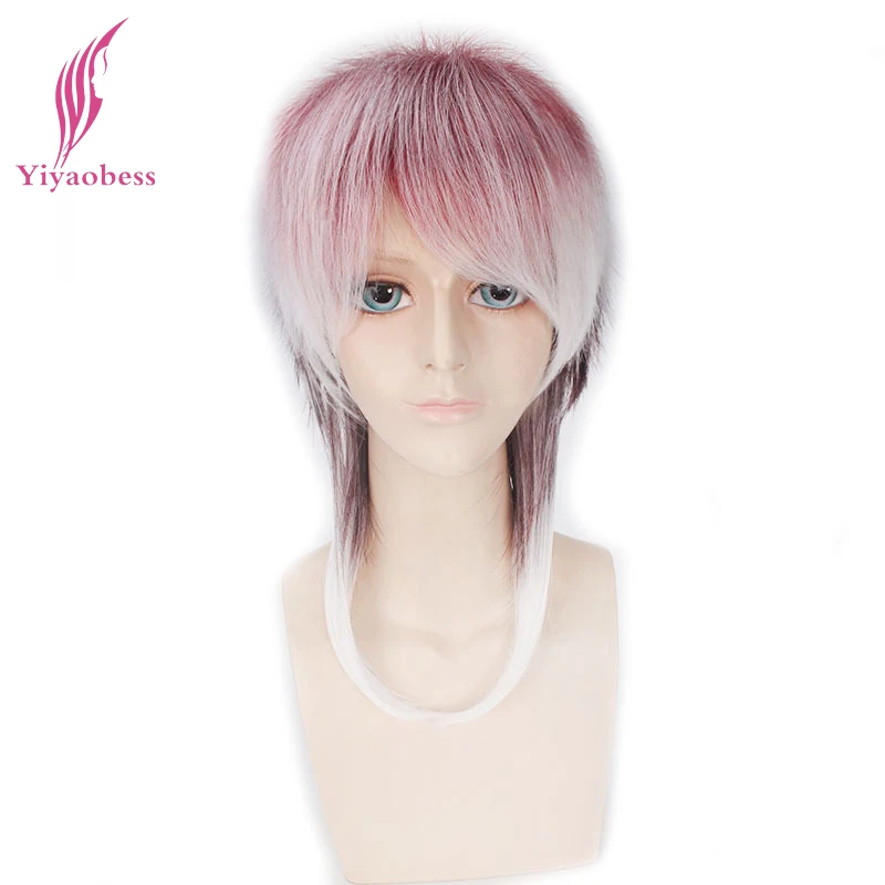 

Yiyaobess 14inch Medium Long Green Blue Brown White Red Ombre Wig With Bangs Layered Heat Resistant Synthetic Men Wigs Cosplay