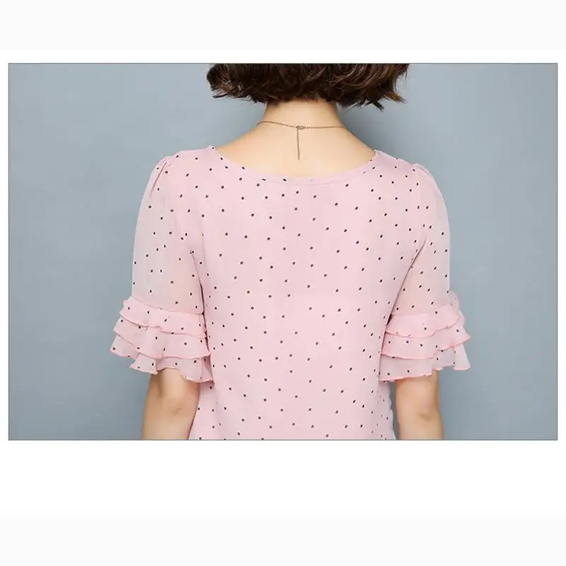 2017 лето шифон блузки с короткими рукавами горошек белая рубашка женские рубашки