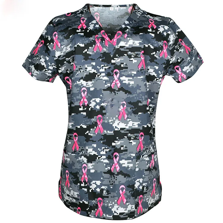 SCRUB TOP 17 Армейский ACU цифровой женский топ с принтом, медицинский скраб, топы, хлопок, больничная форма, v-образный вырез, короткий рукав, доктор, стоматолог, рабочая туника - Цвет: SCRUB TOP 17
