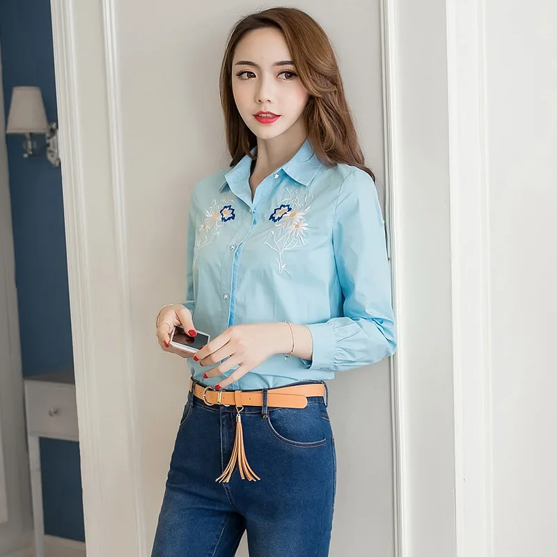 Green Field New Arrival Spring 2017 Korean Women's Cute Embroidery Long Sleeved Turn Down Collar Sky Blue Blouse Shirt 3019 |